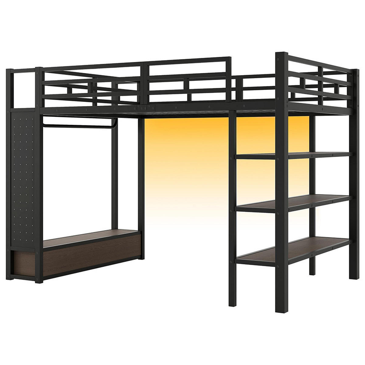 HOCHBETT 140x200 cm mit offenem Kleiderschrank, Lochwand und LED-Beleuchtung, schwarz - Schwarz, Metall (140/200cm) - KOMHTOM