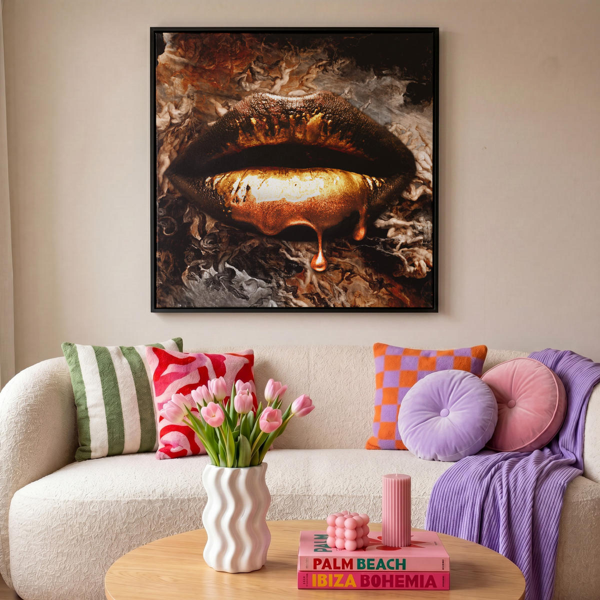 LEINWAND Bilder mit Rahmen - Gold - Lippen - Kunst - Gold - Luxus - Abstrakt - 90x90 - Kupferfarben, Textil (90/90cm) - MuchoWow