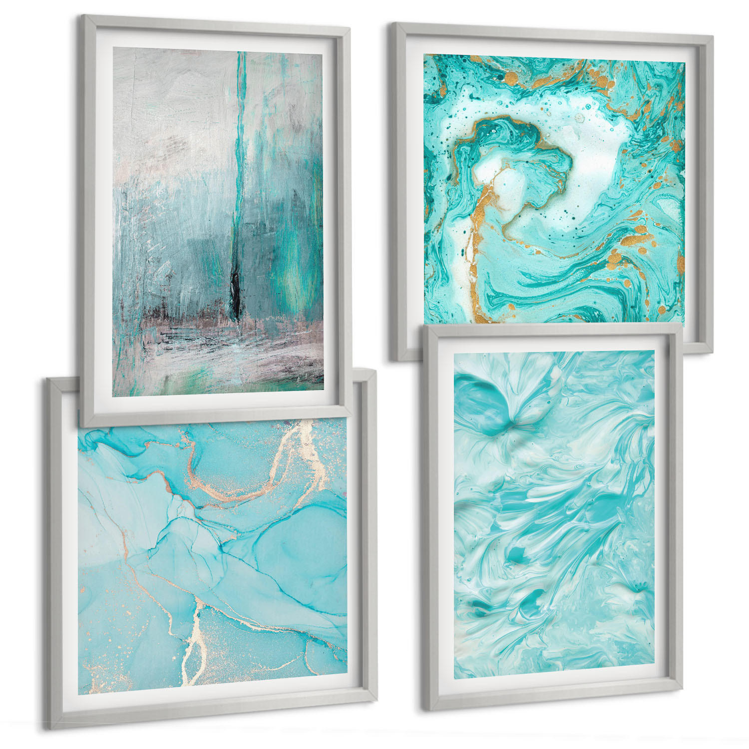 BILDER SET 4er Set - 50x50 cm & 40x60 cm Silberner Rahmen - abstrakte Muster in Blautönen - Silberfarben, Kunststoff (50/50cm) - TULUP
