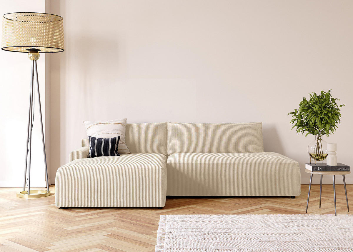 ECKSOFA mit Schlaffunktion - Longchair - Creme/Schwarz, Kunststoff/Textil (253/167cm) - home24