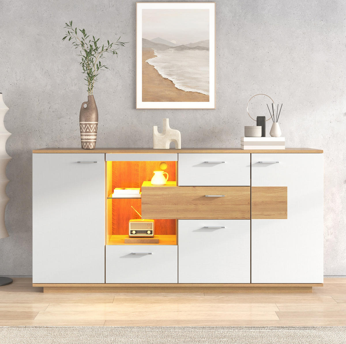 KOMMODE aus MDF 160x40x77cm in Natur mit LED-Beleuchtung - Naturfarben, Holzwerkstoff (160/77/40cm) - Modfu