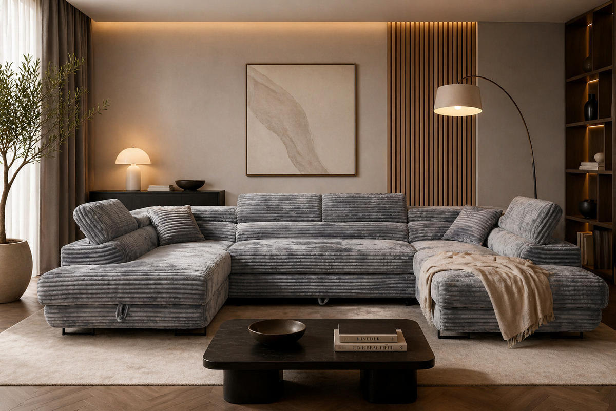 WOHNLANDSCHAFT SERENA U mit Stauraum, Hellgrau - Hellgrau, Textil (340/90/205cm) - KS Home Concept