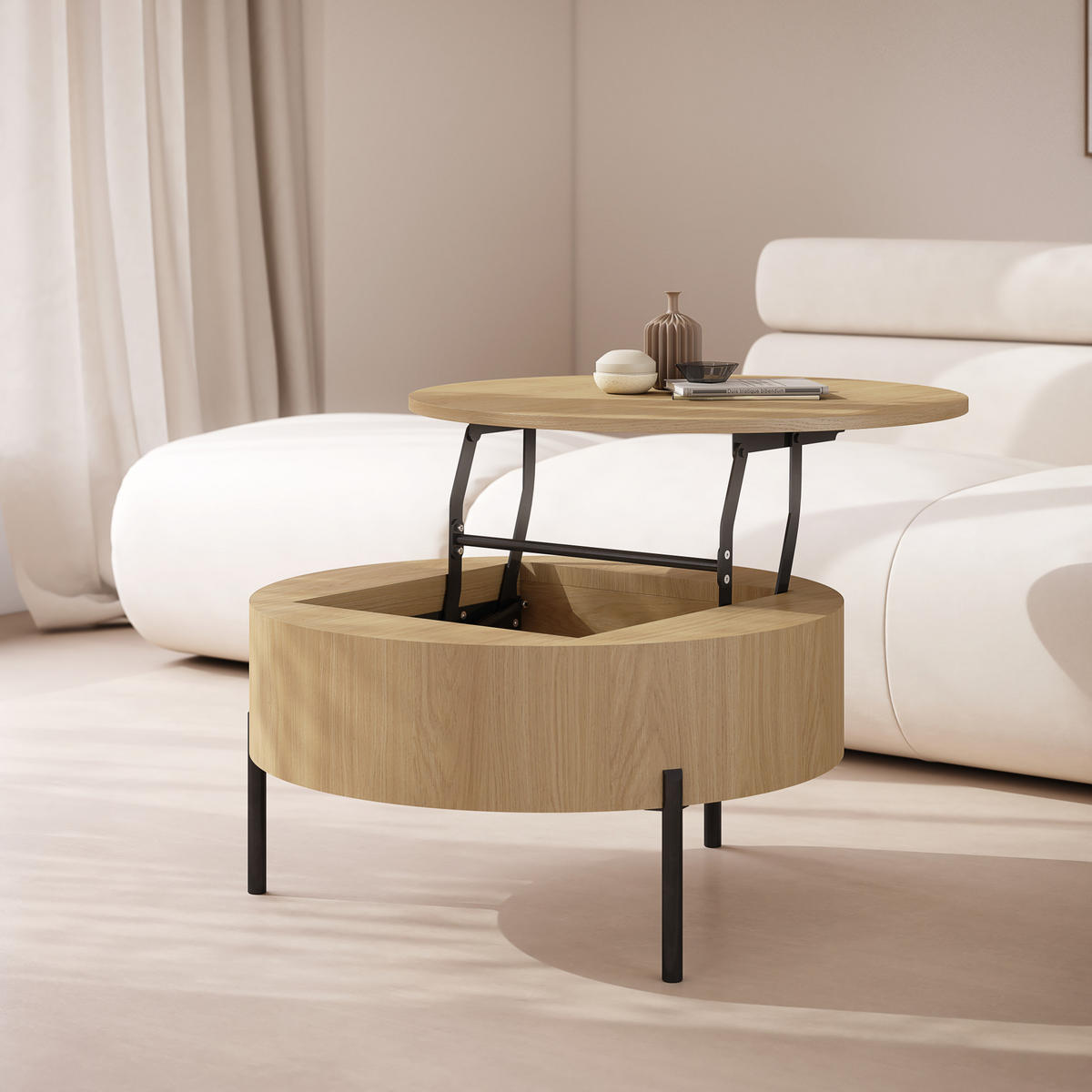 COUCHTISCH rund aufklappbar höhenverstellbar Stauraum 79/79/42 cm - Eichefarben, Holzwerkstoff (79.5/79.5/42.7cm) - designimpex