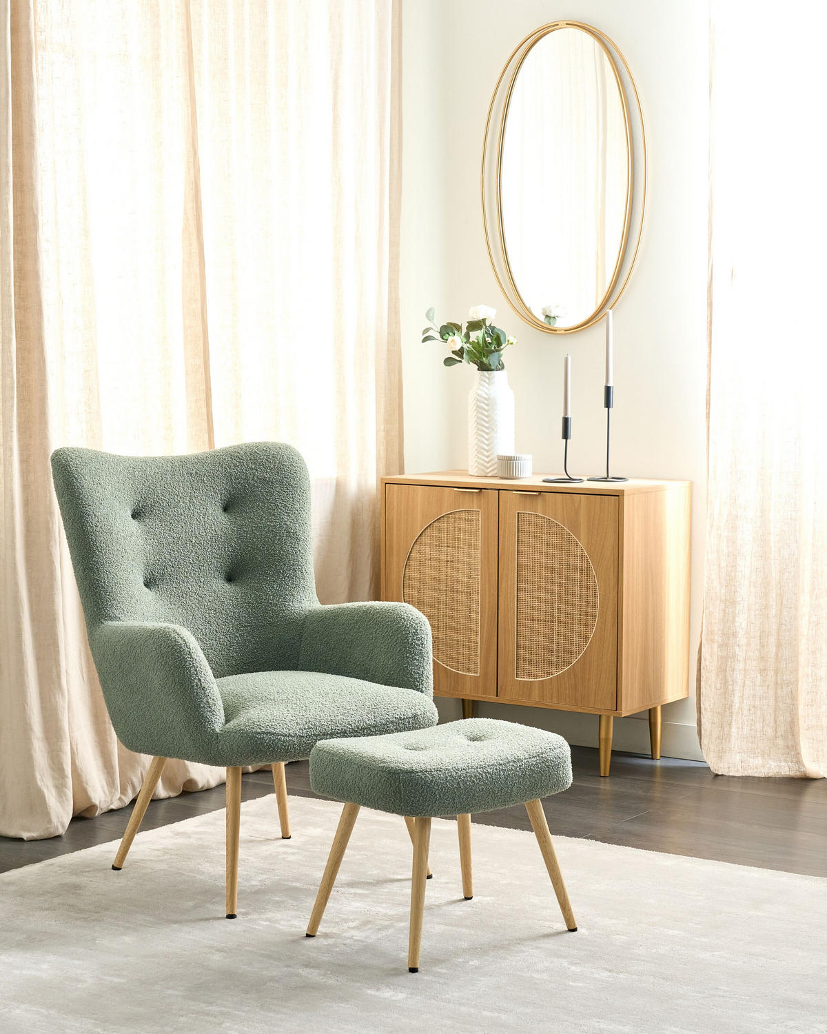 SESSEL Bouclé hellgrün mit Hocker Vejle - Hellbraun/Grün, Textil (67/95/52cm) - Beliani