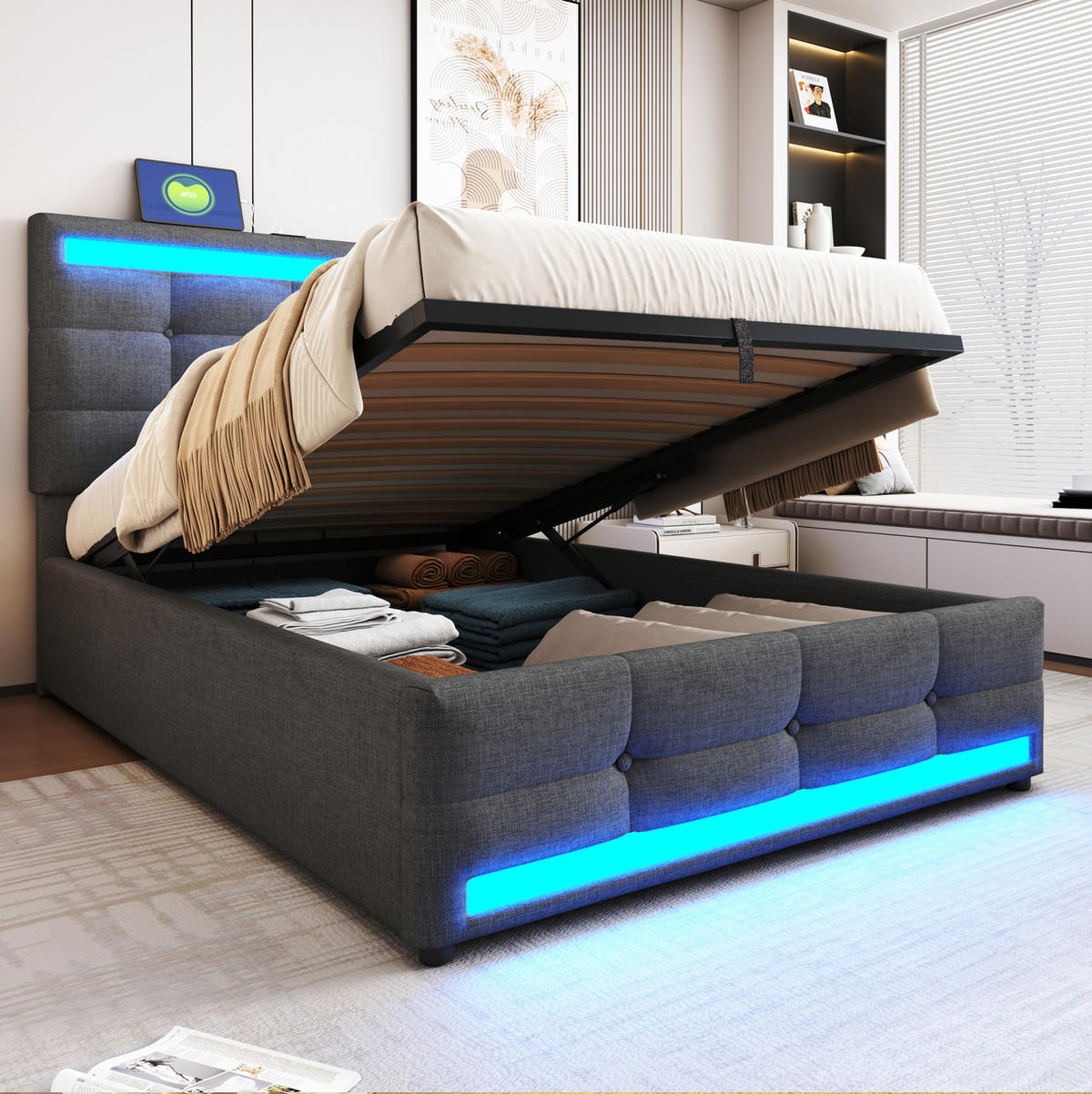 POLSTERBETT 90/200 cm Grau mit LED-Beleuchtung und USB-Anschlüssen - Grau, Textil (90/200cm) - Flora Grace