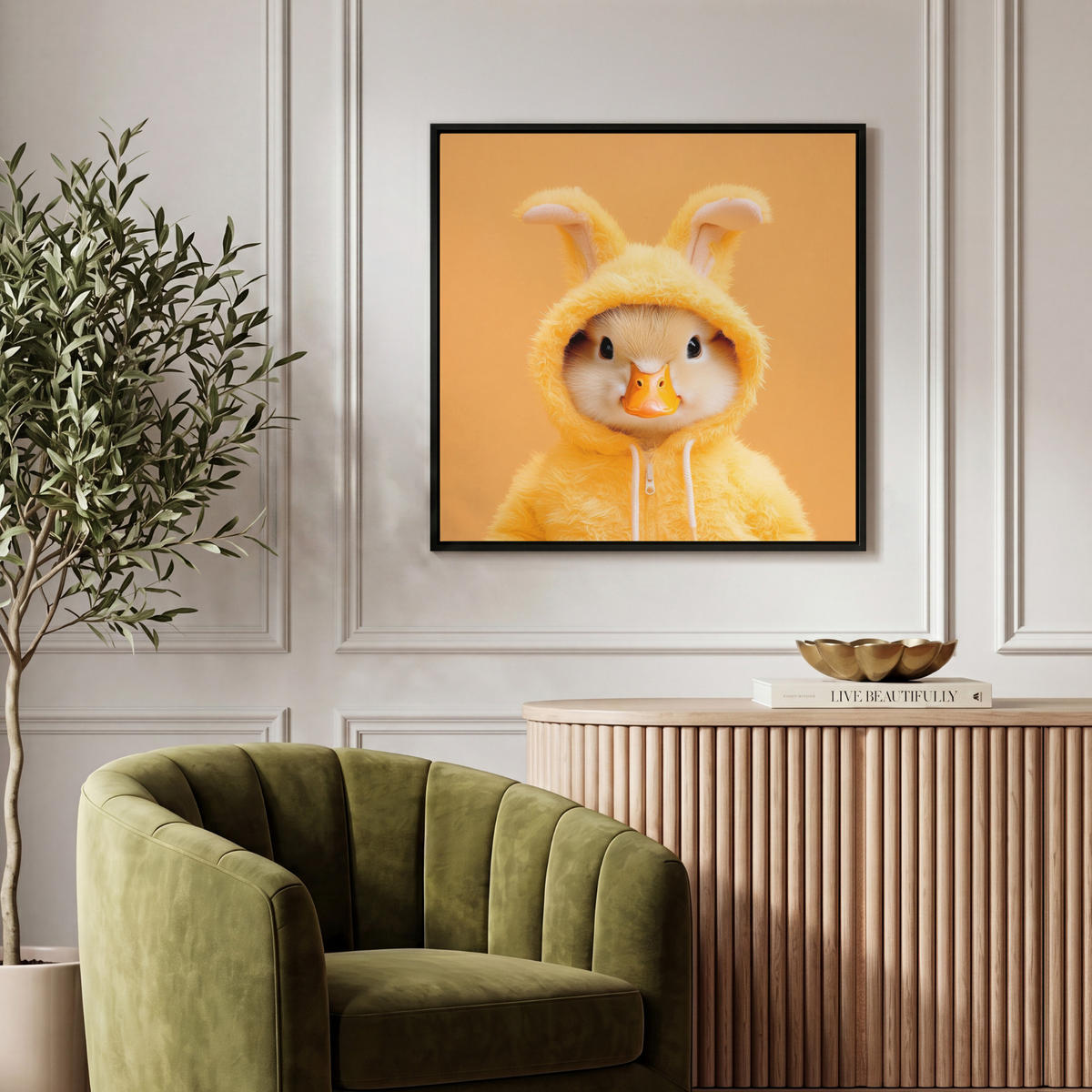 LEINWAND Bilder mit Rahmen - Osterhase - Kostüm - Ente - 50x50 - Gelb, Textil (50/50cm) - MuchoWow