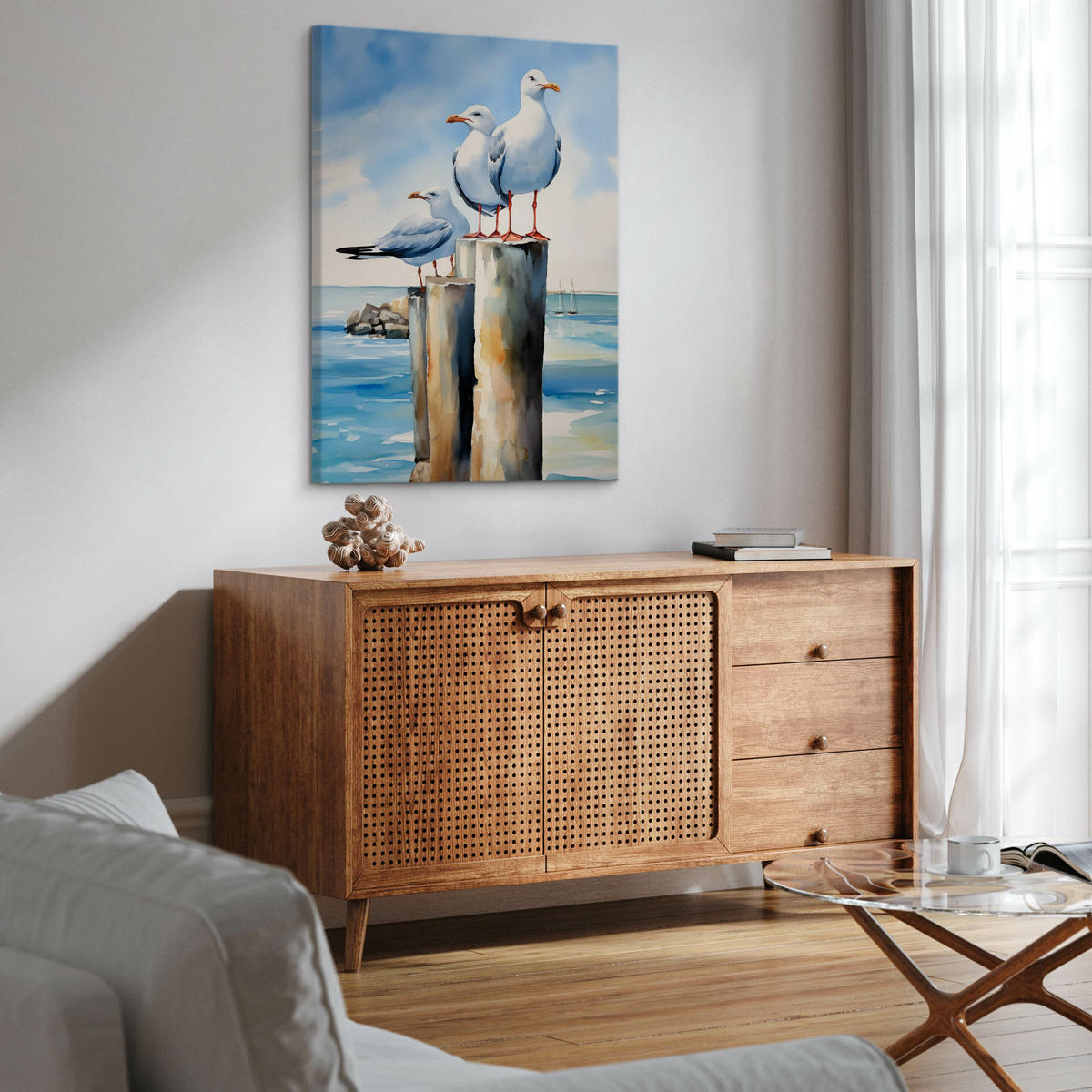 LEINWANDBILD Abstrakte Möwen Meer 80x120 cm - Blau/Beige, Textil (80/120cm) - Muralo