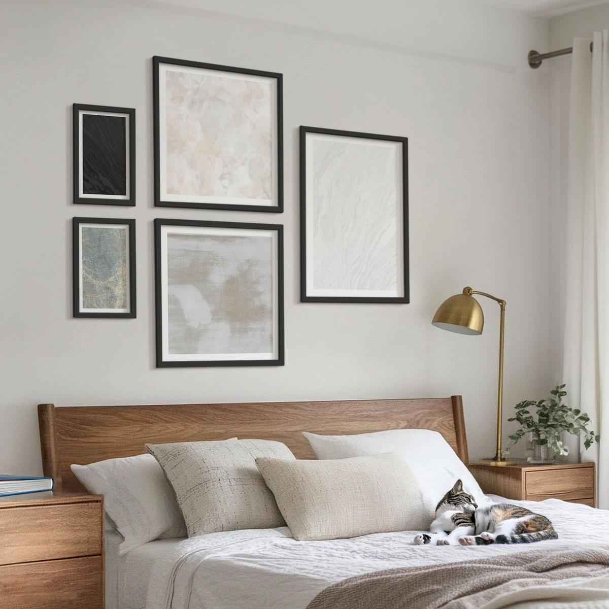 BILDER SET 5er Set - 50x50 cm & 20x30 cm & 40x60 cm Schwarzer Rahmen - Steintexturen - Schwarz, Kunststoff (40/60cm) - TULUP