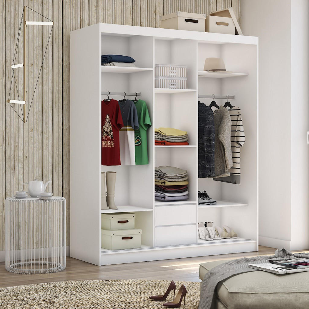 Thumbnail - Masseno Schwebetürenschrank, Weiß, Holzwerkstoff, 7 Fächer, Rechteckig, 180x216x61 cm, Schlafzimmer, Kleiderschränke, Sc...