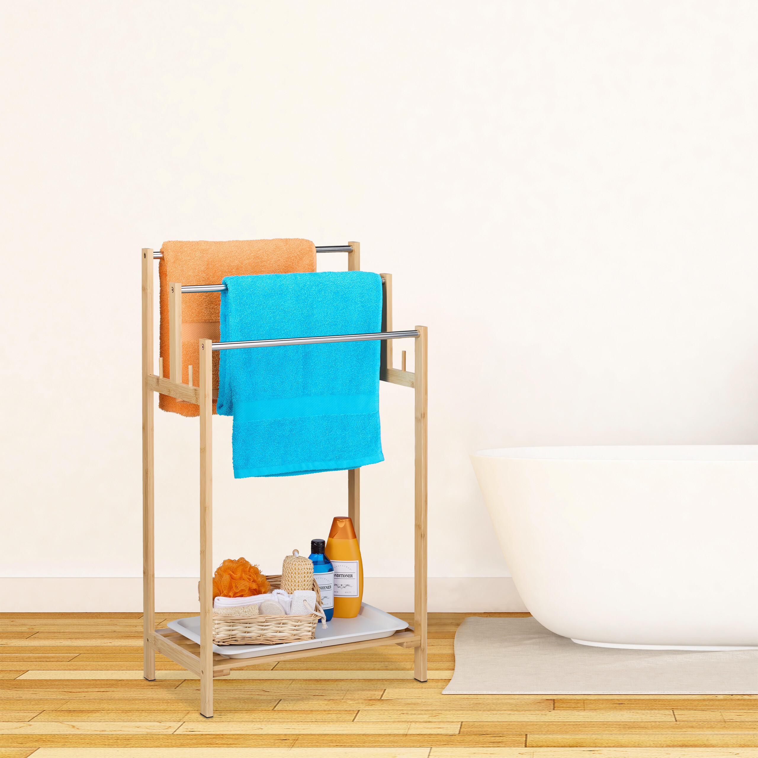 Thumbnail - Relaxdays Handtuchhalter, Hellbraun, Holz, Metall, Kunststoff, 51x90x30.5 cm, Badaccessoires, Waschplatzzubehör, Handtuc...