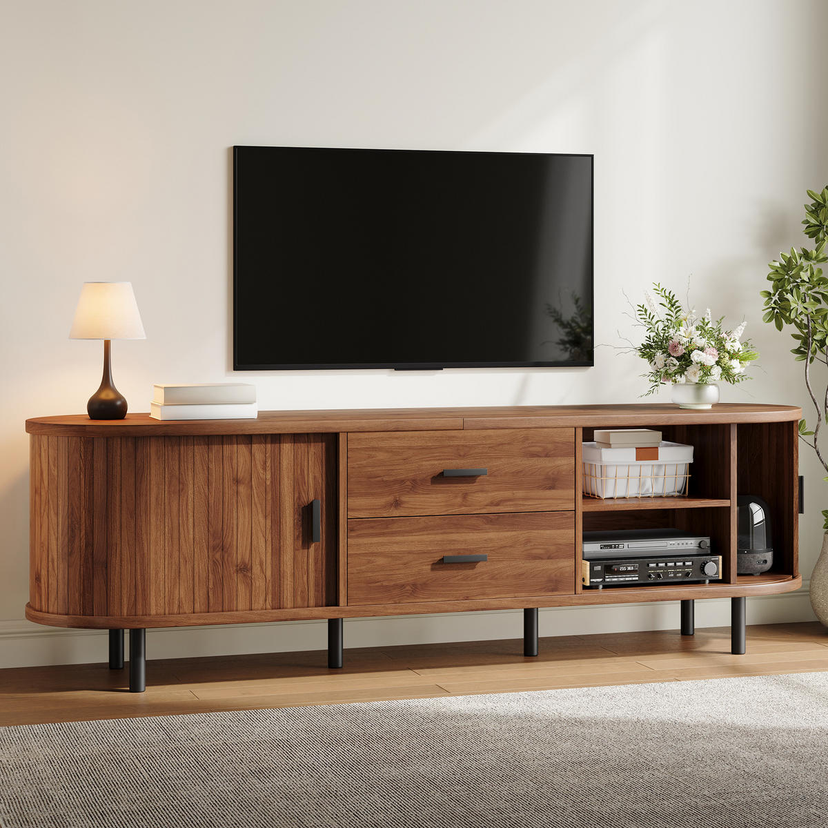 TV-SCHRANK 160/40/55 cm Walnussholzfarbe mit 2 Schublade und Schiebetüren - Nussbaumfarben/Schwarz, Holz/Holzwerkstoff (160/55/40cm) - Oxeza