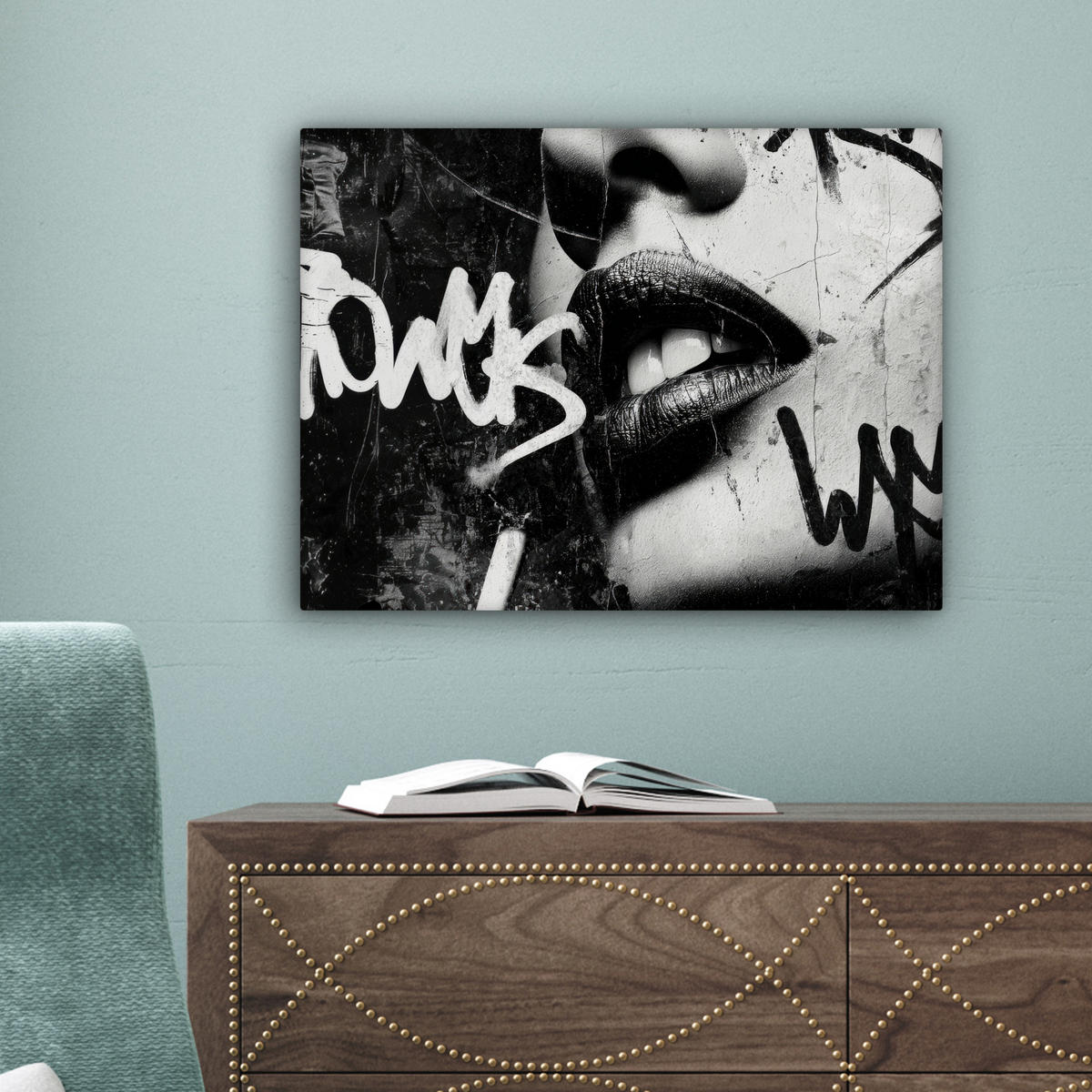 LEINWANDBILD Gesicht - Mund - Graffiti - Schwarz Wandbild 40x30 cm - Schwarz, Textil (40/30cm) - MuchoWow