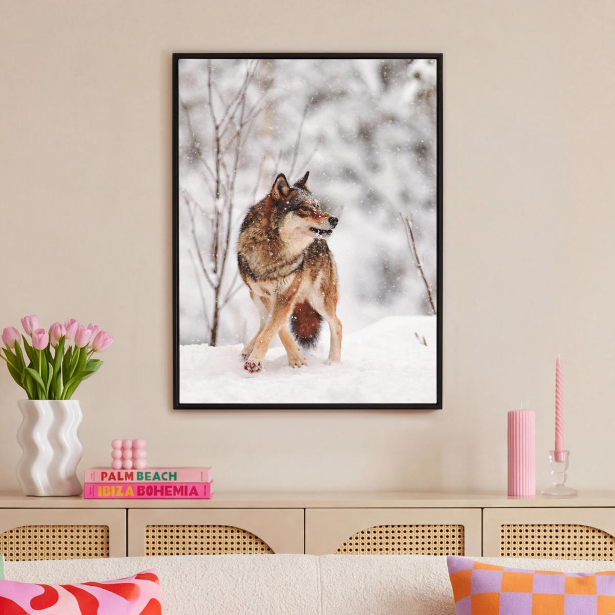 LEINWAND Bilder mit Rahmen - Wolf - Winter - Schnee - Natur - Tiere - 70x100 - Haselnussfarben, Textil (70/100cm) - MuchoWow