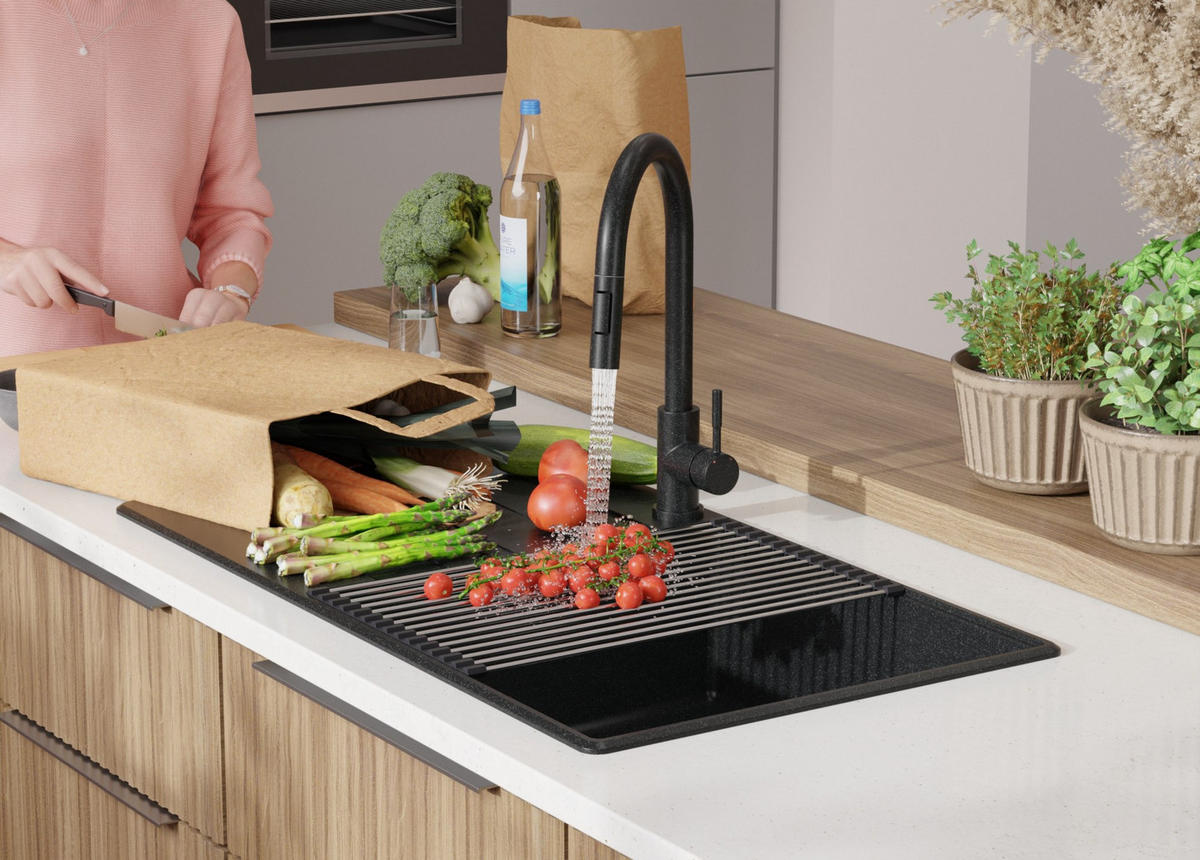 SPÜLBECKEN Kopenhagen, 2-er set Anthrazit 90/50 cm 1 Becken + Ablauf-Set + Schneidebrett ab 60er Unterschrank - Chromfarben/Anthrazit, Kunststoff (90/20/50cm) - Primagran