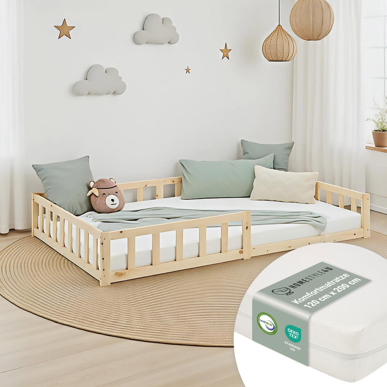 BODENBETT 120x200 cm Natur mit Lattenrost + Matratze - Naturfarben, Holz (90/200cm) - Homestyle4u