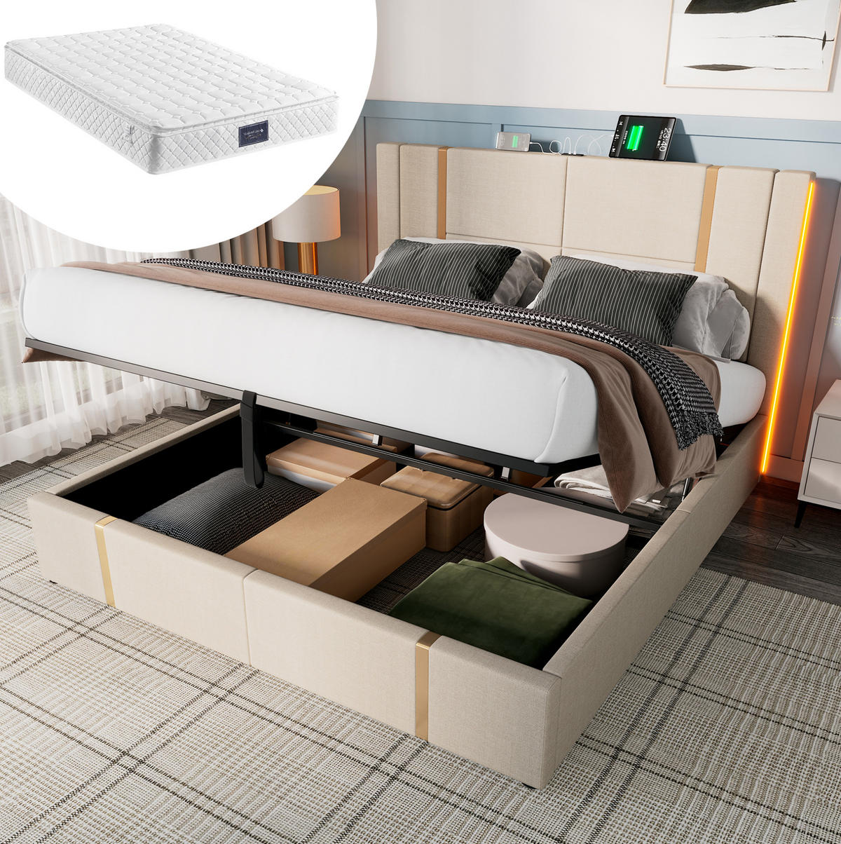 POLSTERBETT mit LED, USB und Stauraum 140x200 cm Leinen Beige mit Matratze - Beige, Metall (140/200cm) - Meubliv