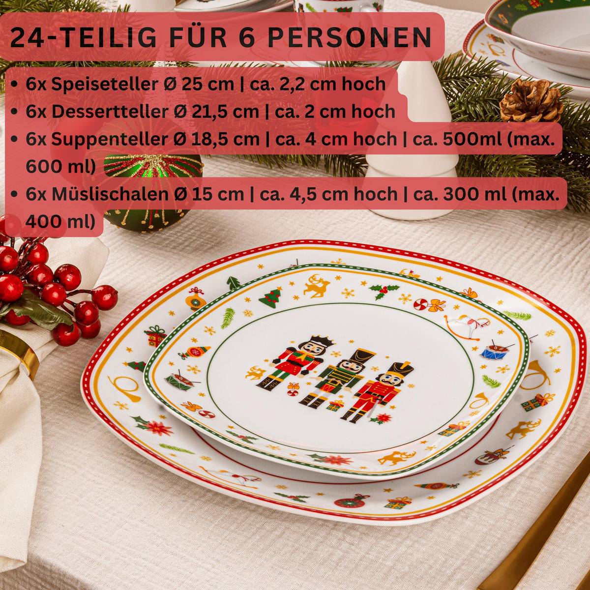 TAFELSERVICE BILGOLA NUSSKNACKER DESIGN - 24 teilig aus Porzellan - Weiß, Keramik (50/30/70cm) - Sänger
