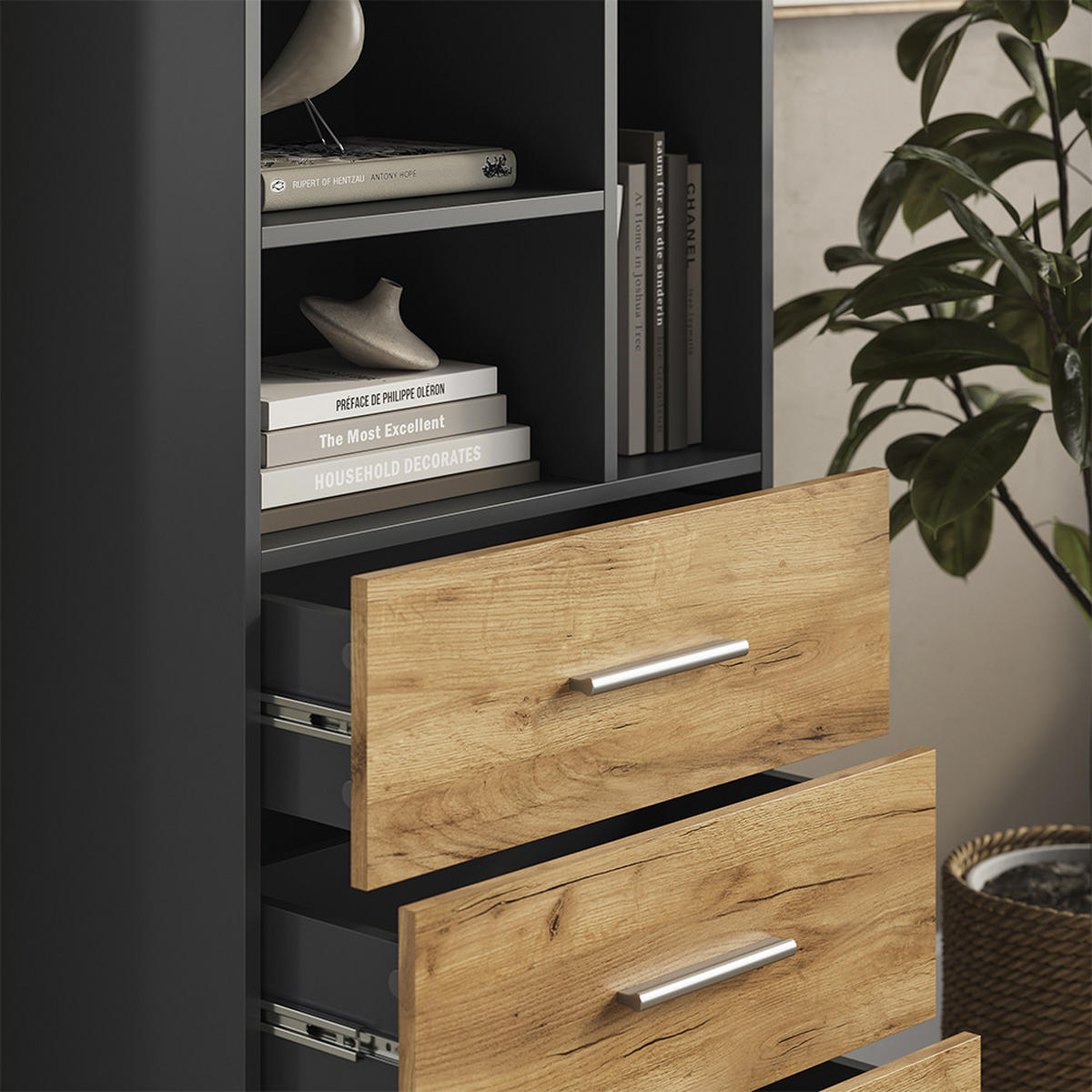 UNIVERSALSCHRANK Tomy, Anthrazit/Goldkraft Eiche, 60 x 120 cm mit 3 Schubladen - Honigeiche/Anthrazit, Holzwerkstoff (60/120/31.6cm) - Vicco