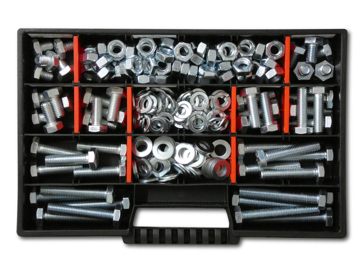 SCHRAUBENSET mit Sechskantschrauben, Muttern, Unterlegscheiben und Federringen M10 // 12mm-70mm 200 tlg - Zinkfarben, Metall (10/3.5cm) - Schraubenbox24