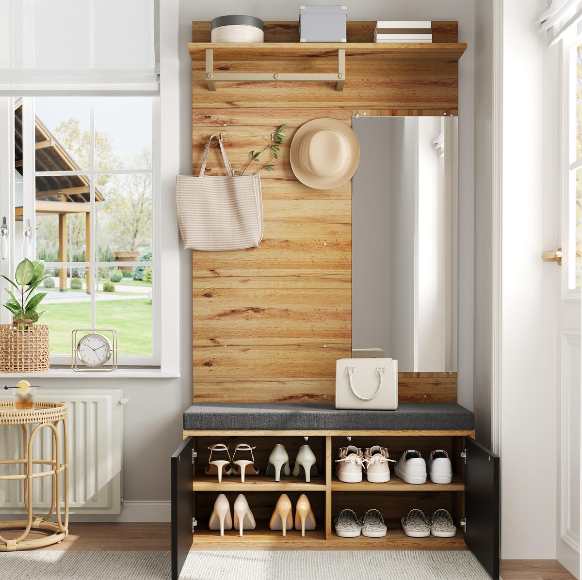 KOMPAKTGARDEROBE mit Spiegel und Schuhschrank Spanplatte Schwarz - Schwarz, Holzwerkstoff (38/190/100cm) - Beauniv