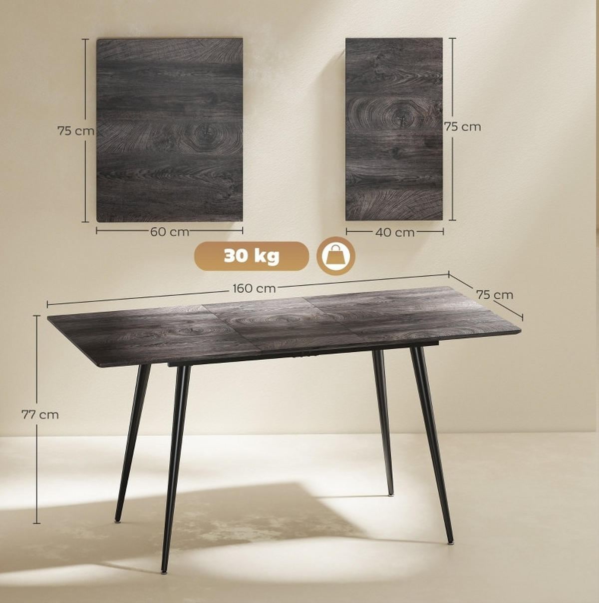 ESSTISCH ausziehbar 120/160 x 75 cm Holz Gray für 6-8 Personen - Grau, Holz (160/75/77cm) - Meubliv
