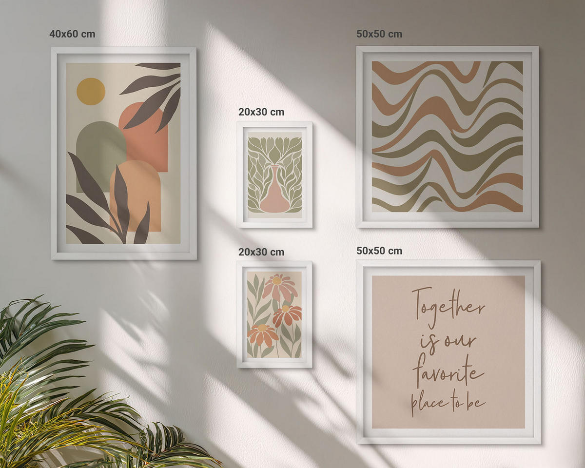 WANDBILDER 5er-Set - 50x50 cm & 20x30 cm & 40x60 cm Weißer Rahmen - Abstrakte Pastellblumen - Weiß, Kunststoff (40/60cm) - ArtPrintCave