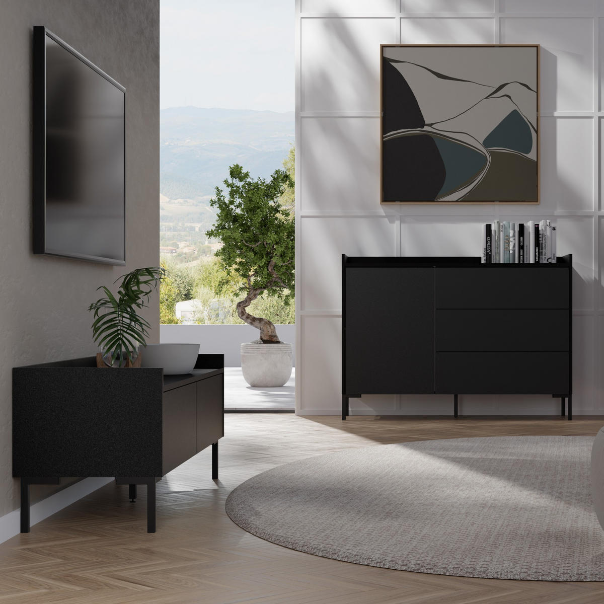 KOMMODE mit Schubladen Liam 1D3S 125 Schwarz - Schwarz, Holzwerkstoff/Metall (126/92/41cm) - mzm24