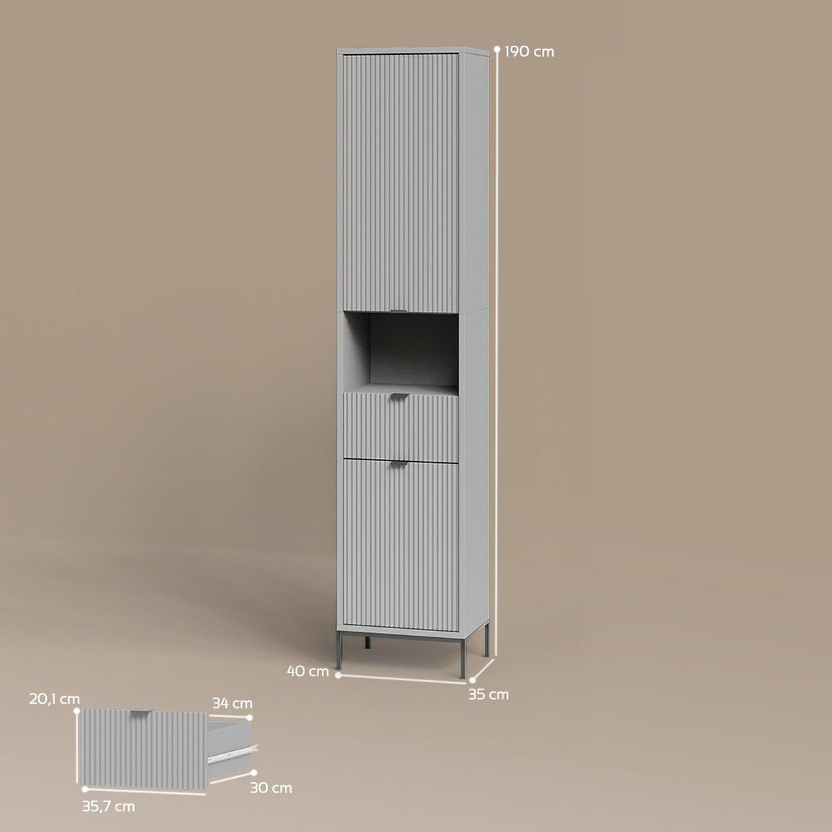 BADSCHRANK ATERNO Grau 40 x 190 cm mit Türen, und Schublade - Grau, Holzwerkstoff (40/190/35cm) - Livinity®