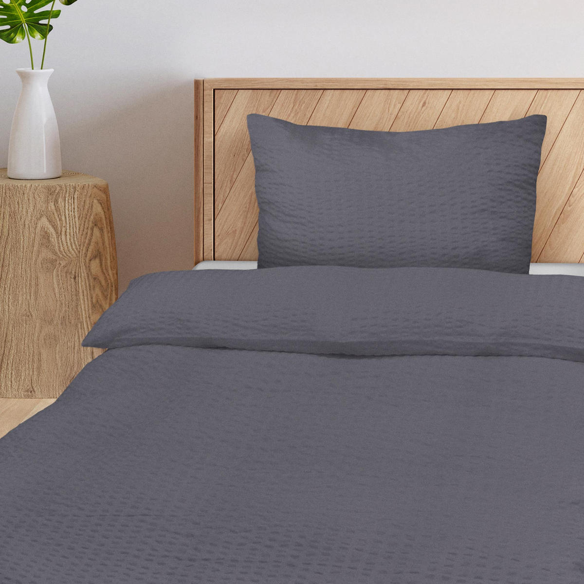BETTWÄSCHE Meline 135/200 cm + Kissenbezug 80/80 cm Anthrazit Seersucker 2er Set - Anthrazit, Textil (80/80cm) - Beautissu 