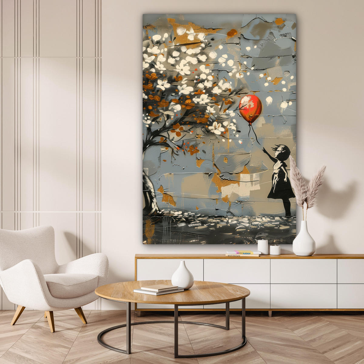 SLIKA NA PLATNU Drevo 90x140 cm - modrosiva, tekstil (90/140cm) - MuchoWow