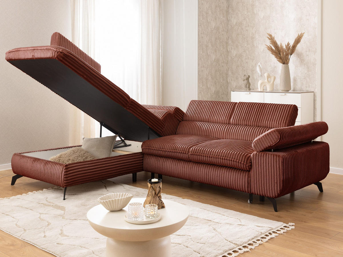 ECKSOFA mit Schlaffunktion und Bettkasten Bonnie aus Terrakotta Cord-Stoff mit verstellbaren Kopfstützen und Armlehne - Ottomane links - Terracotta/Schwarz, Holz/Textil (275/210cm) - S-Style Möbel