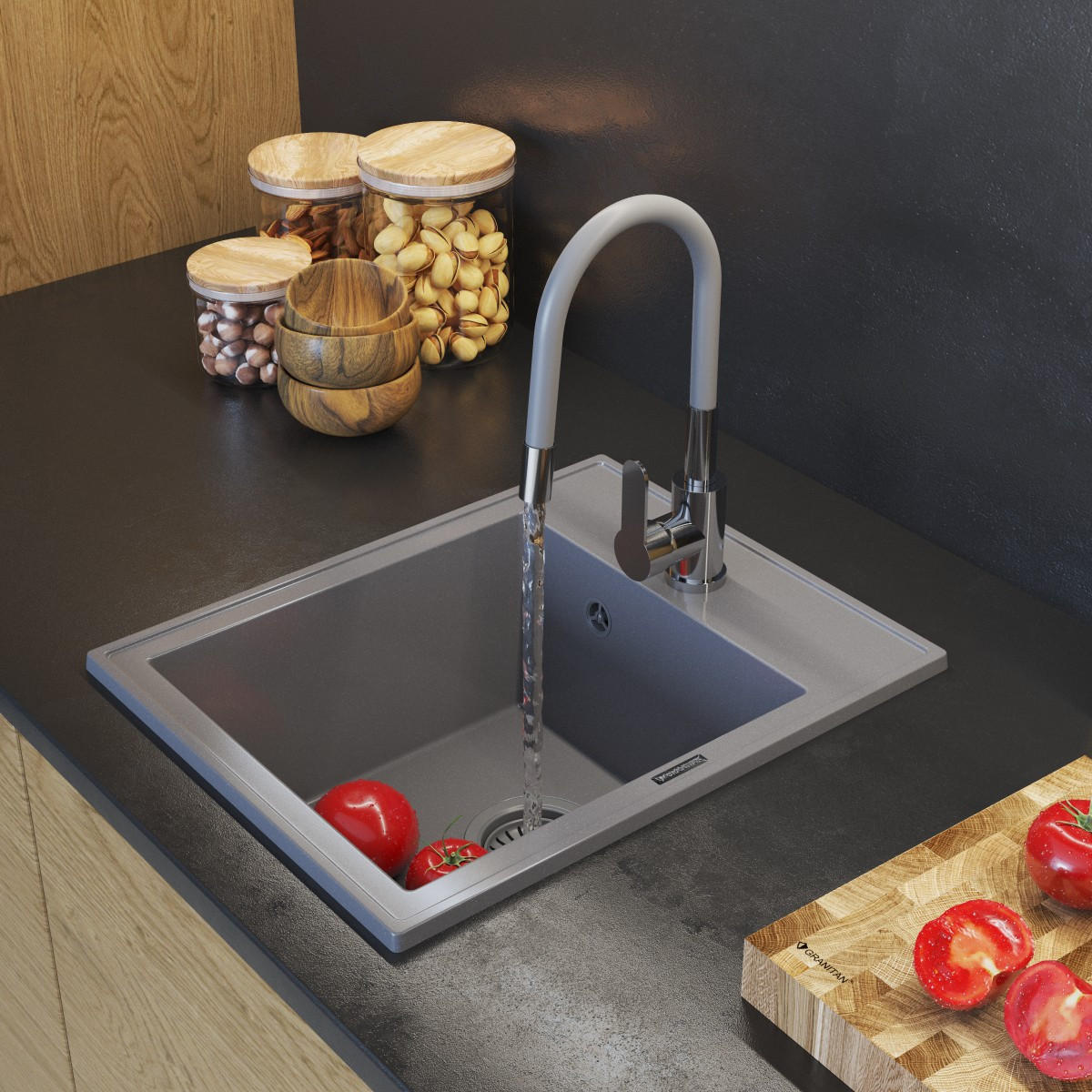 GRANITSPÜLE Nero mit Batterie und Siphon - Grau, Kunststoff/Stein (40/20/50cm) - Granitan