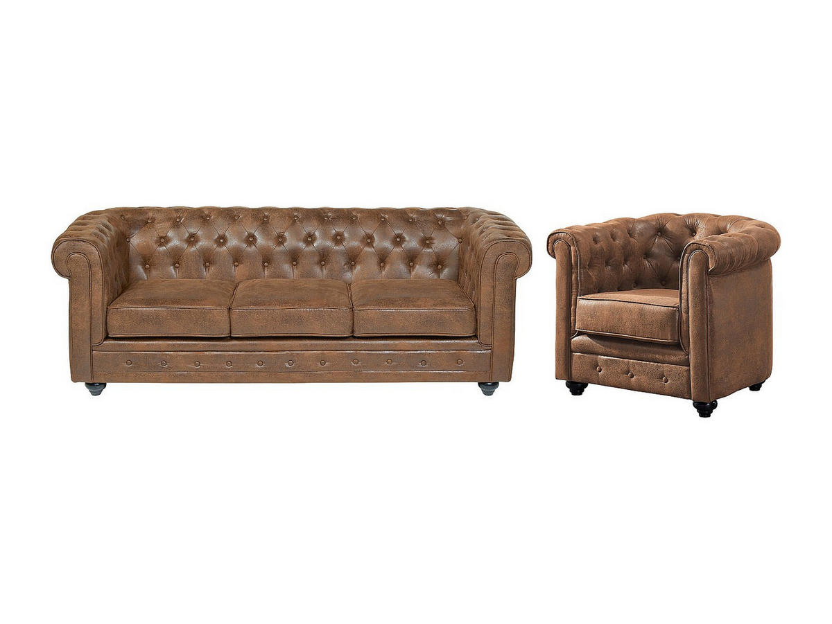COUCHGARNITUR 3+1 - Microfaser - Vintage-Look - CHESTERFIELD - Braun, Textil (205/72/88cm) - Vente-Unique