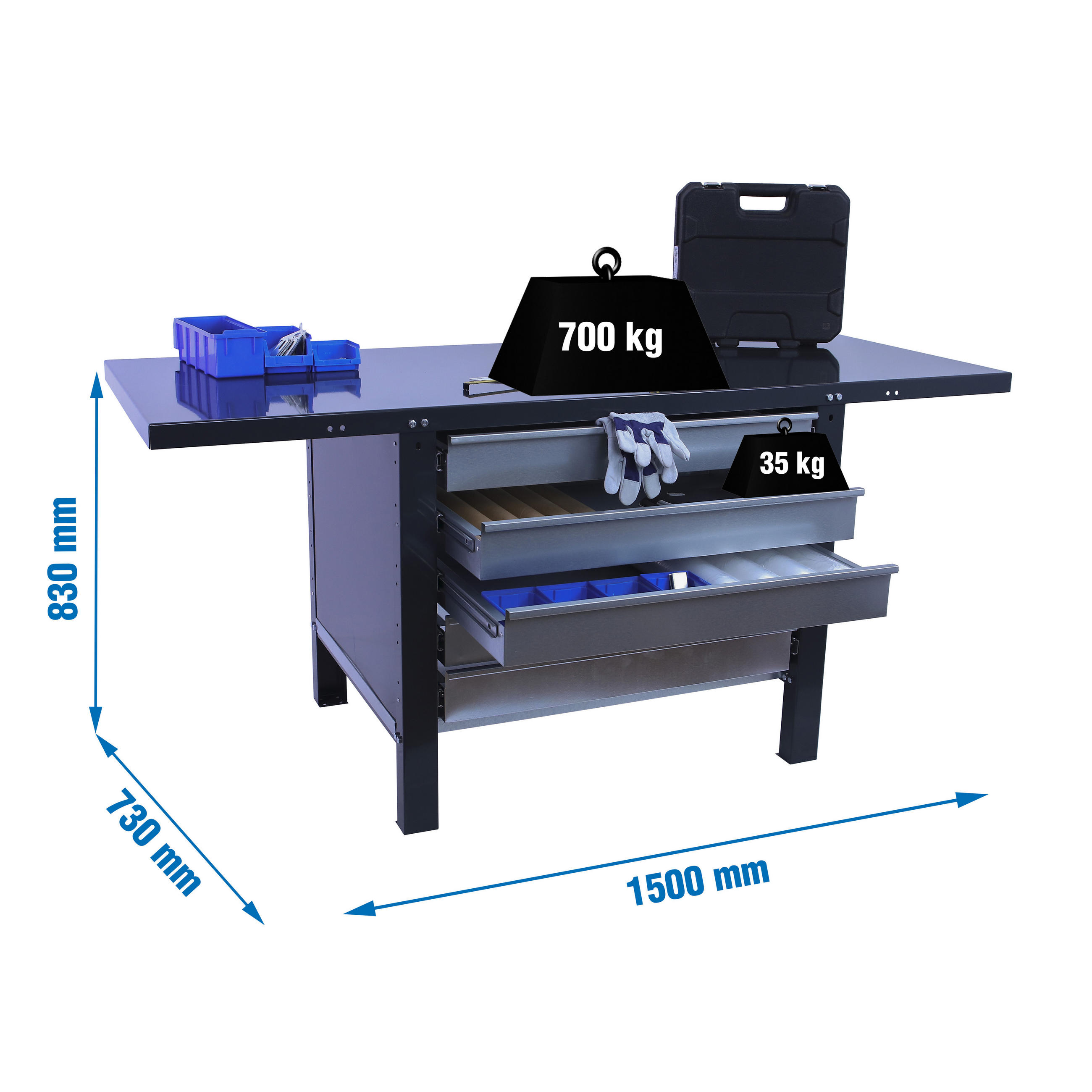 WERKBANK Buffalo Metal mit 5x Schublade HxBxT 83 x 150 x 73 cm Traglast 700 kg Anthrazit - Anthrazit, Metall (150/83/73cm) - PROREGAL