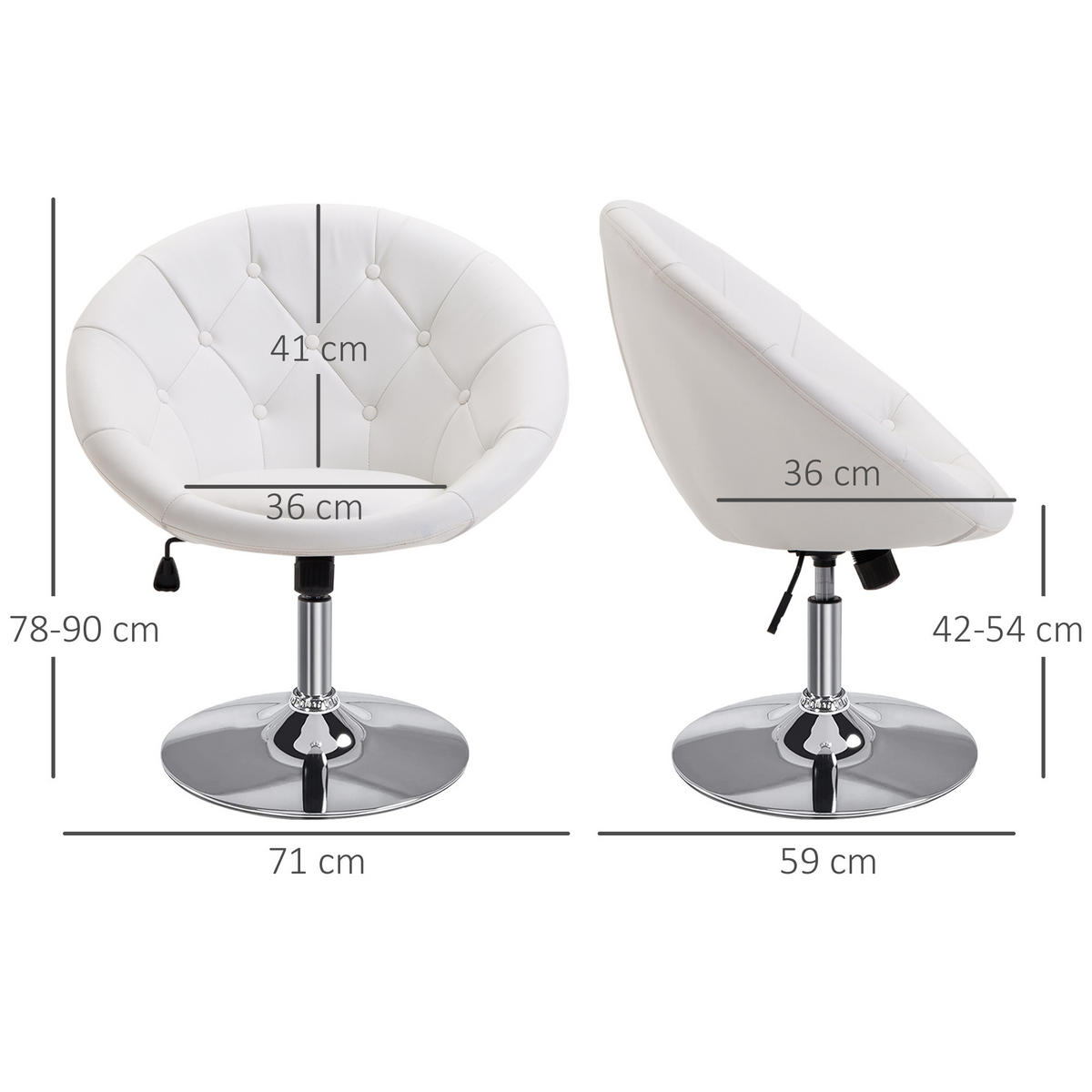 DREHHOCKER Bürostuhl Arbeitshocker verchromt Drehstuhl höhenverstellbar 2 Farben - Weiß, Metall (59/90/71cm) - HOMCOM