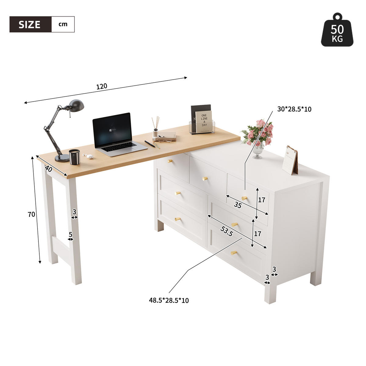BÜROTISCH mit Schubladen und Aufbewahrung – Weiß Holzoptik - Weiß, Holzwerkstoff (40/120/70cm) - Urban Meuble