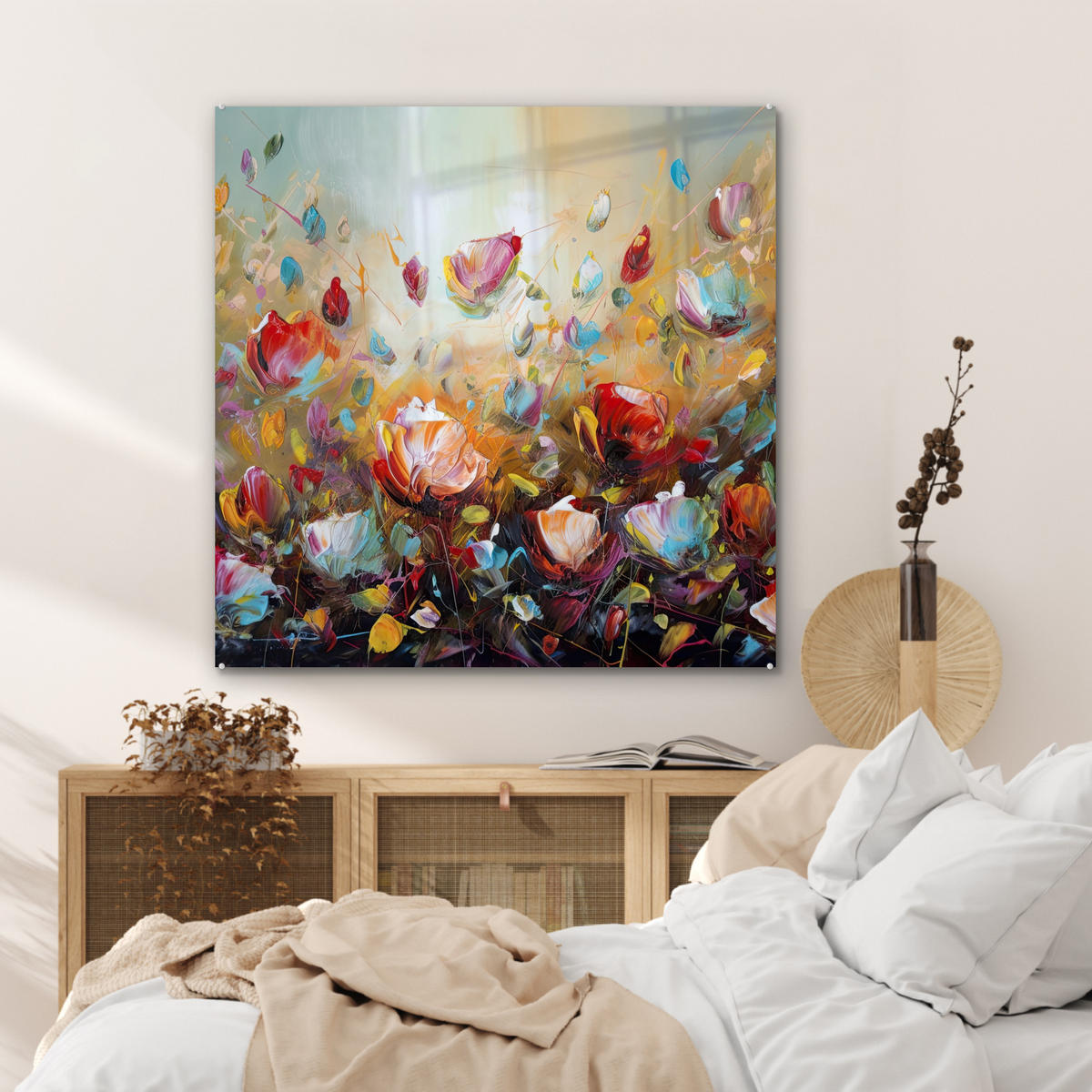 OBRAZ NA AKRYLOVOM SKLE Kvety - Umenie - Príroda - Olejomaľba 90x90 cm - viacfarebná, sklo (90/90cm) - MuchoWow