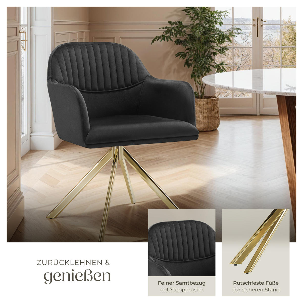 DREHSTUHL 6er Set Lona 56 x 59 x 81 cm schwarz/gold - Goldfarben/Schwarz, Textil (56/81/59cm) - tectake