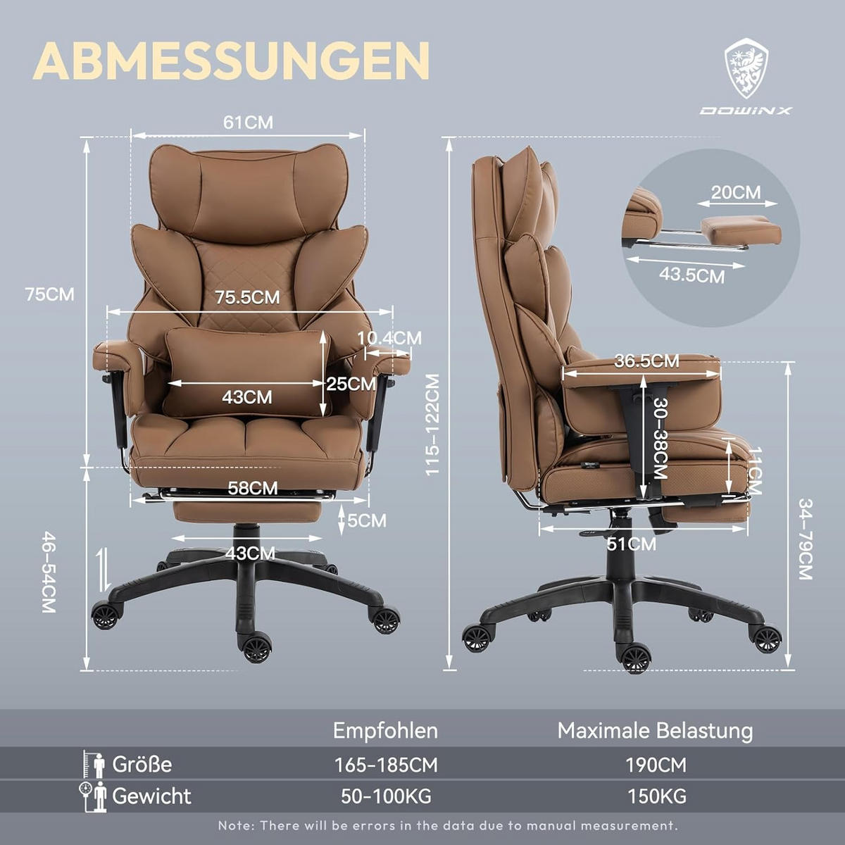GAMING-STUHL & gefederten Sitzkissen Lendenwirbelstütze und Fußstützen - Braun, Leder (76/121/60cm)