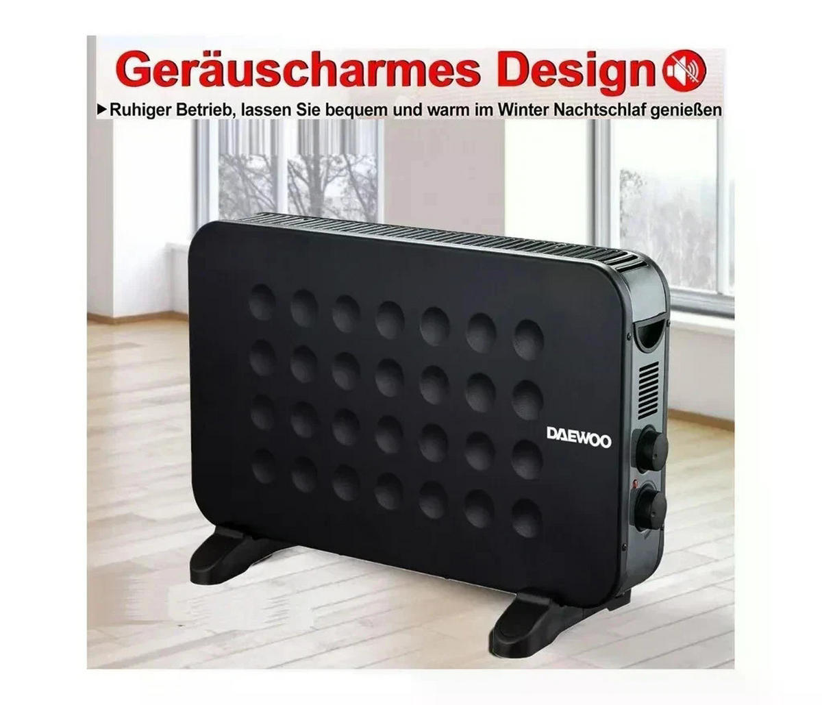 KONVEKTOR – Daewoo DHS-3317C – 2000 W, 3 Heizstufen, Thermostat, Überhitzungsschutz, Kippschutz, Mobiler Heizkörper, Leise, Energiesparend - Schwarz, Metall (44/64/33cm)