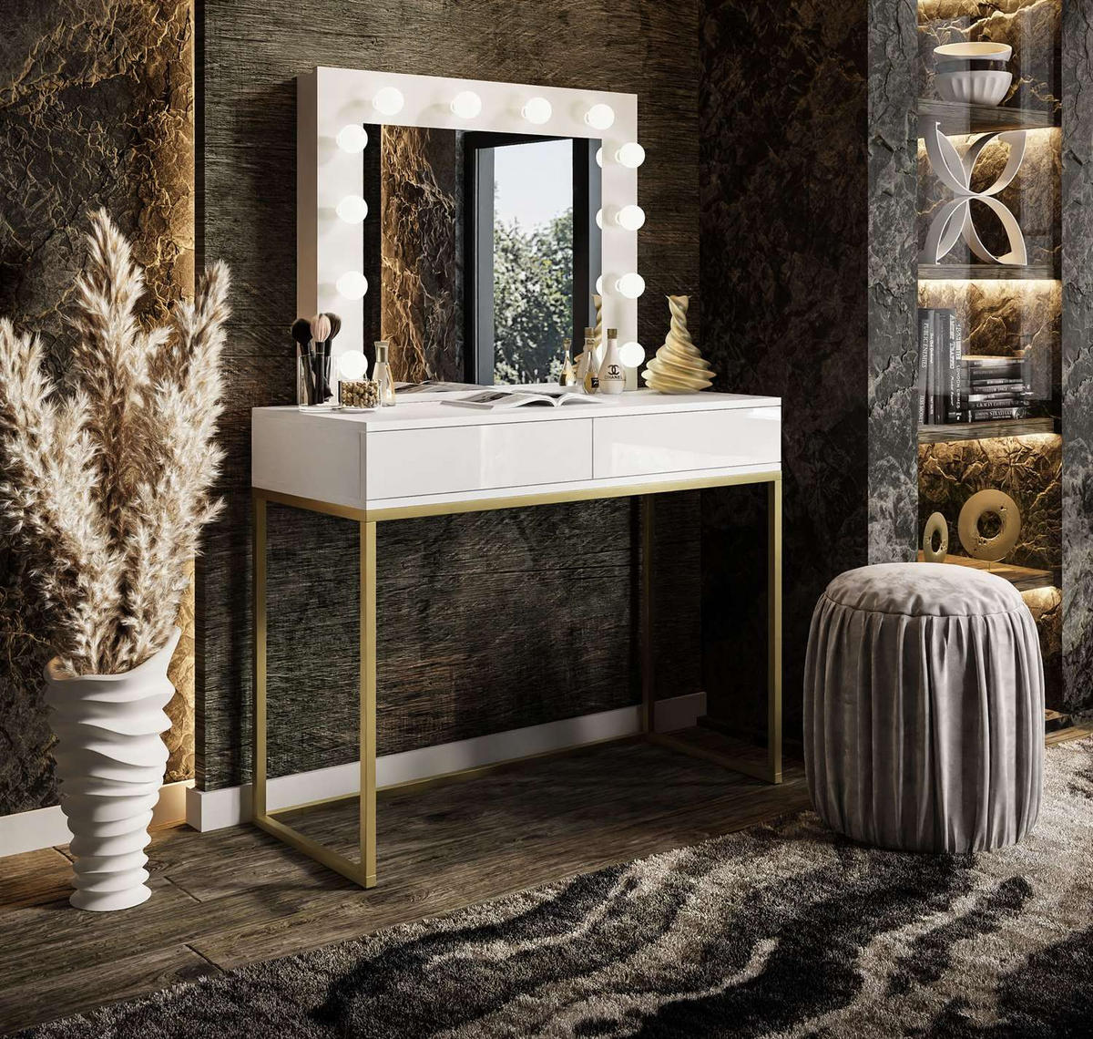 SCHMINKTISCH BLANCO GOLD mit Spiegel und Beleuchtung Weiß PUSH OPEN - Goldfarben/Weiß, Holzwerkstoff (100/146/42cm) - Lookway