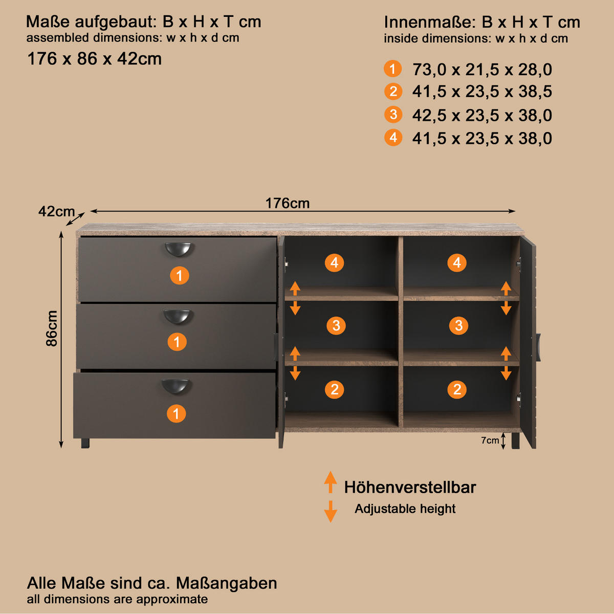 SIDEBOARD Bronze und Rostoptik 176 cm, Kommode mit Soft-Close - Rostfarben/Schwarz, Holzwerkstoff/Metall (176/86/42cm) - Top.Furn
