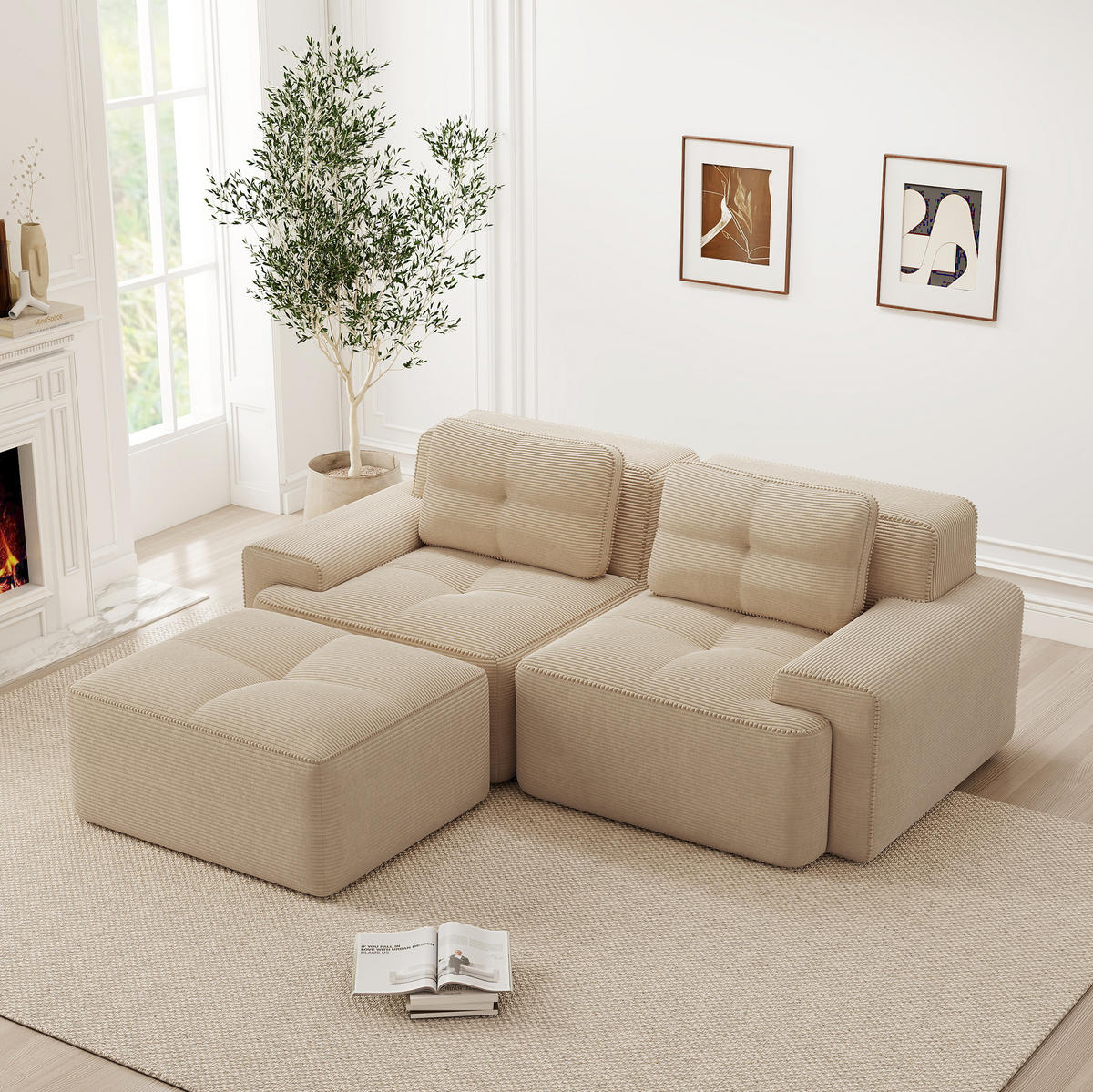 ECKSOFA aus Cord in Beige mit Tiefsitz & boneless Design - Beige, Textil (177/204cm) - Modfu