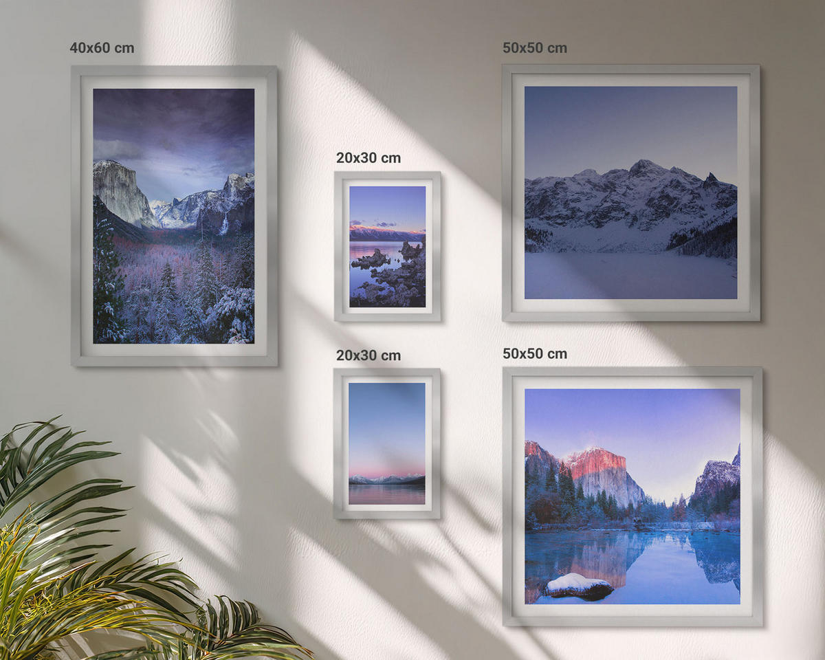 WANDBILDER 5er Set - 50x50 cm & 20x30 cm & 40x60 cm Silberner Rahmen - Berglandschaften, Sonnenuntergang, Wasser - Silberfarben, Kunststoff (40/60cm) - ArtPrintCave
