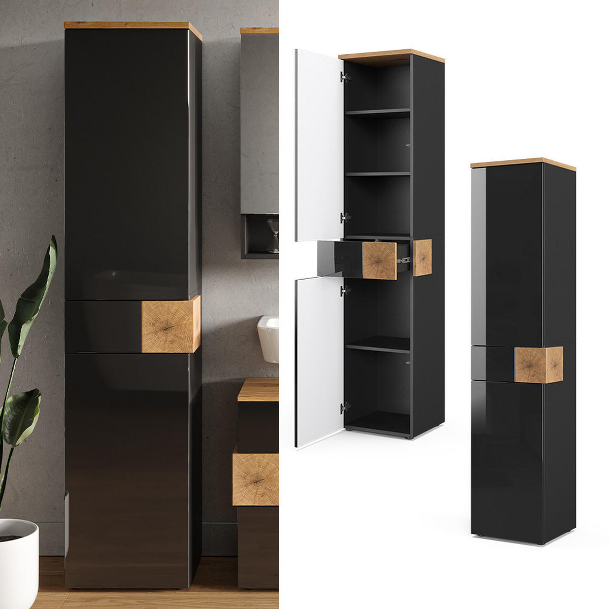 BADSCHRANK Eden Anthrazit 40 x 184.2 cm - Anthrazit/Eiche Artisan, Holzwerkstoff (40/184.2/37cm) - Vicco