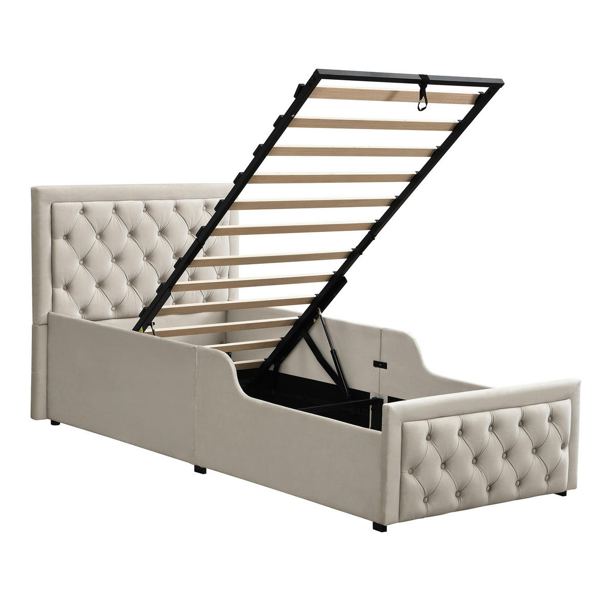KINDERBETT 90/200 cm beige aus Samt mit Stauraum und Lattenrost - Beige, Holzwerkstoff (90/200cm) - OKWISH