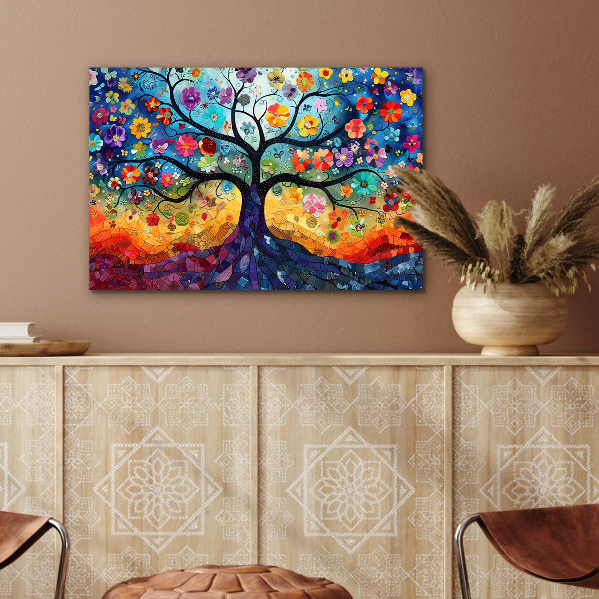 METALLBILD Kunst - Baum des Lebens - Blumen - Hippie 60x40 cm - Dunkelblau, Metall (60/40cm) - MuchoWow