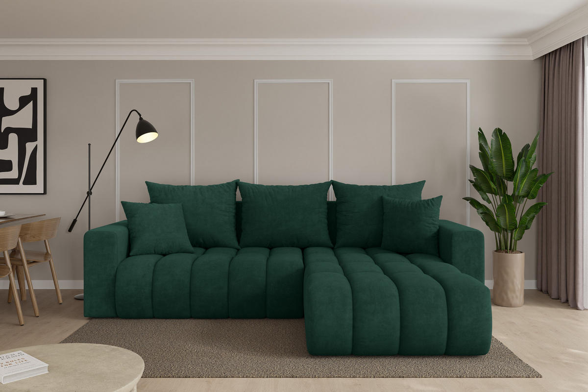 ROHOVÁ SEDAČKA s funkcí spaní, otoman vpravo MILA-L-v1 277x195x86 zelená velur - černá/zelená barva, kompozitní dřevo/textil (277/194cm) - ALTDECOR