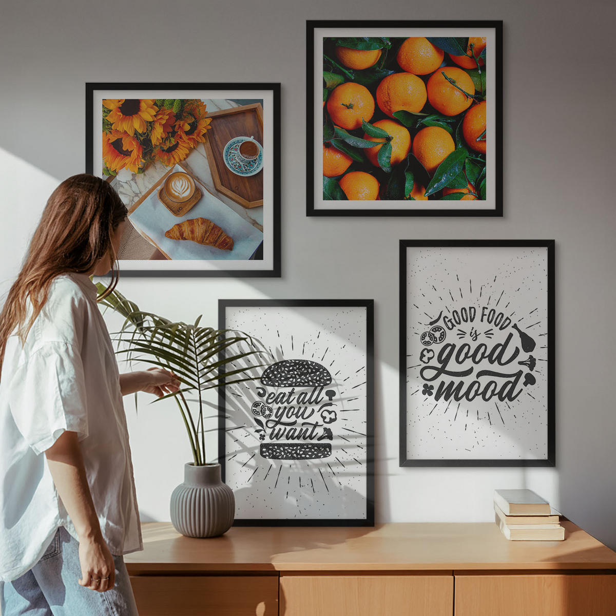 BILDER SET 4er Set - 50x50 cm & 40x60 cm Schwarzer Rahmen - Juicy Oranges Kitchen - Schwarz, Kunststoff (50/50cm) - TULUP