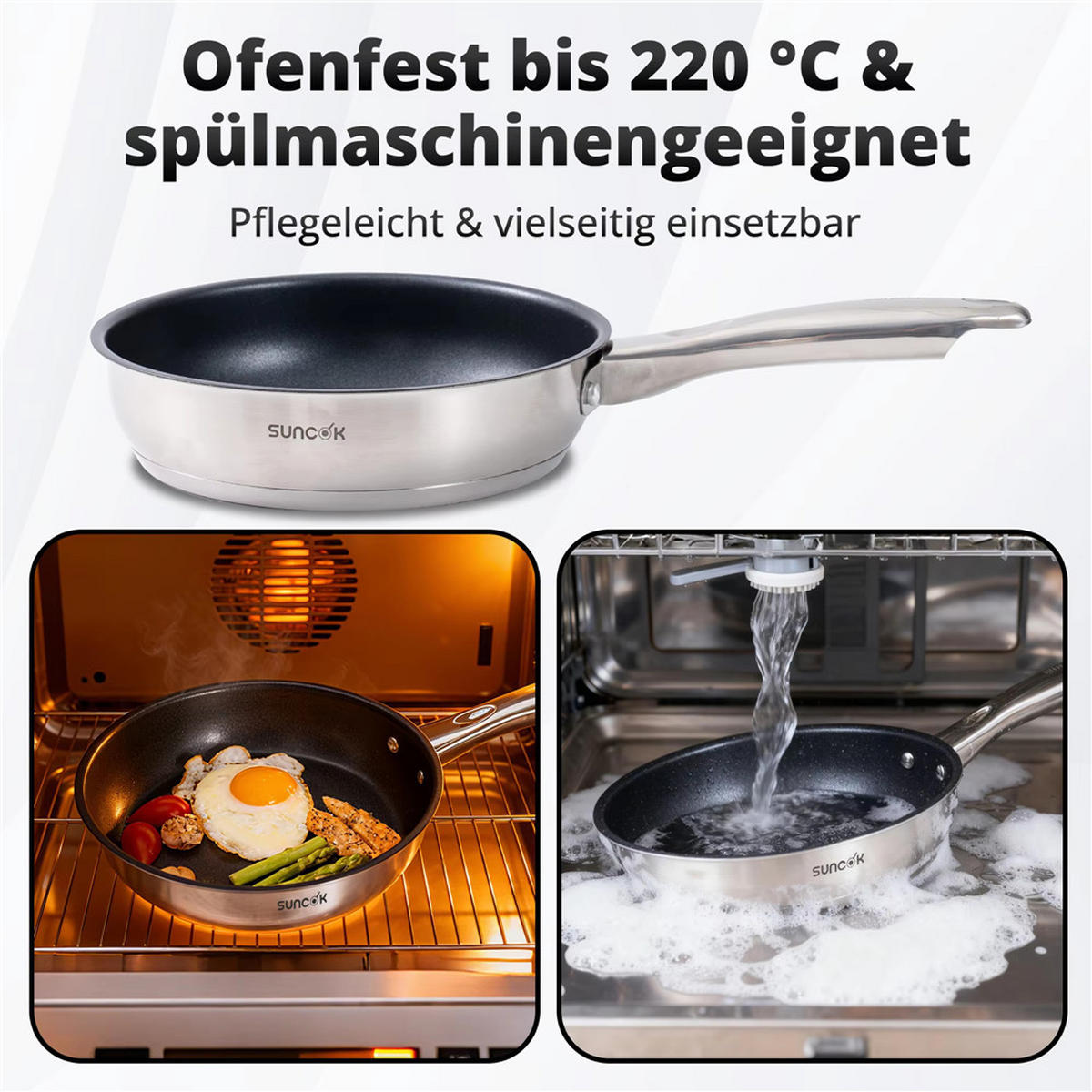 BRATPFANNENSET 3-teilig Induktion Antihaft Edelstahl 20/24/28 cm - Silberfarben, Metall - Kaket